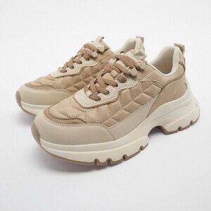 Zara Beige Leather Quilted Sneakers